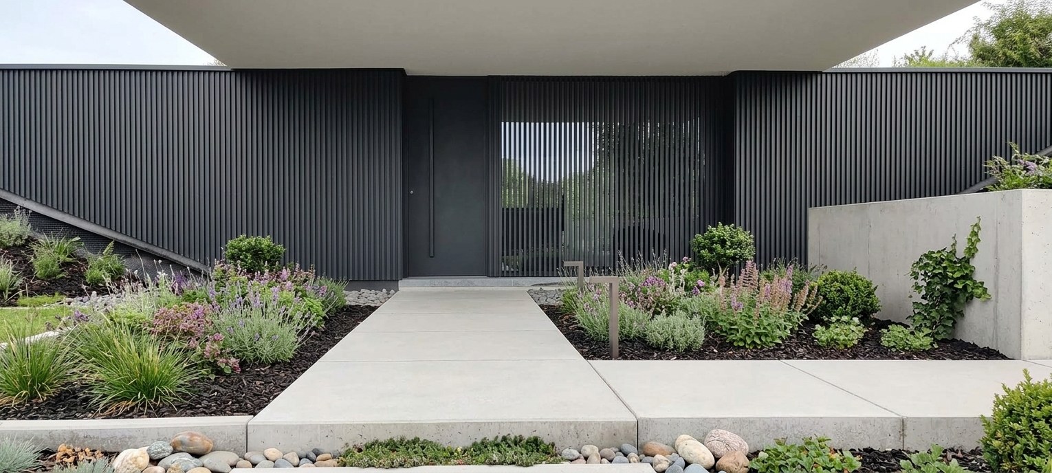 Façade habillée d'un bardage aluminium noir à lames verticales