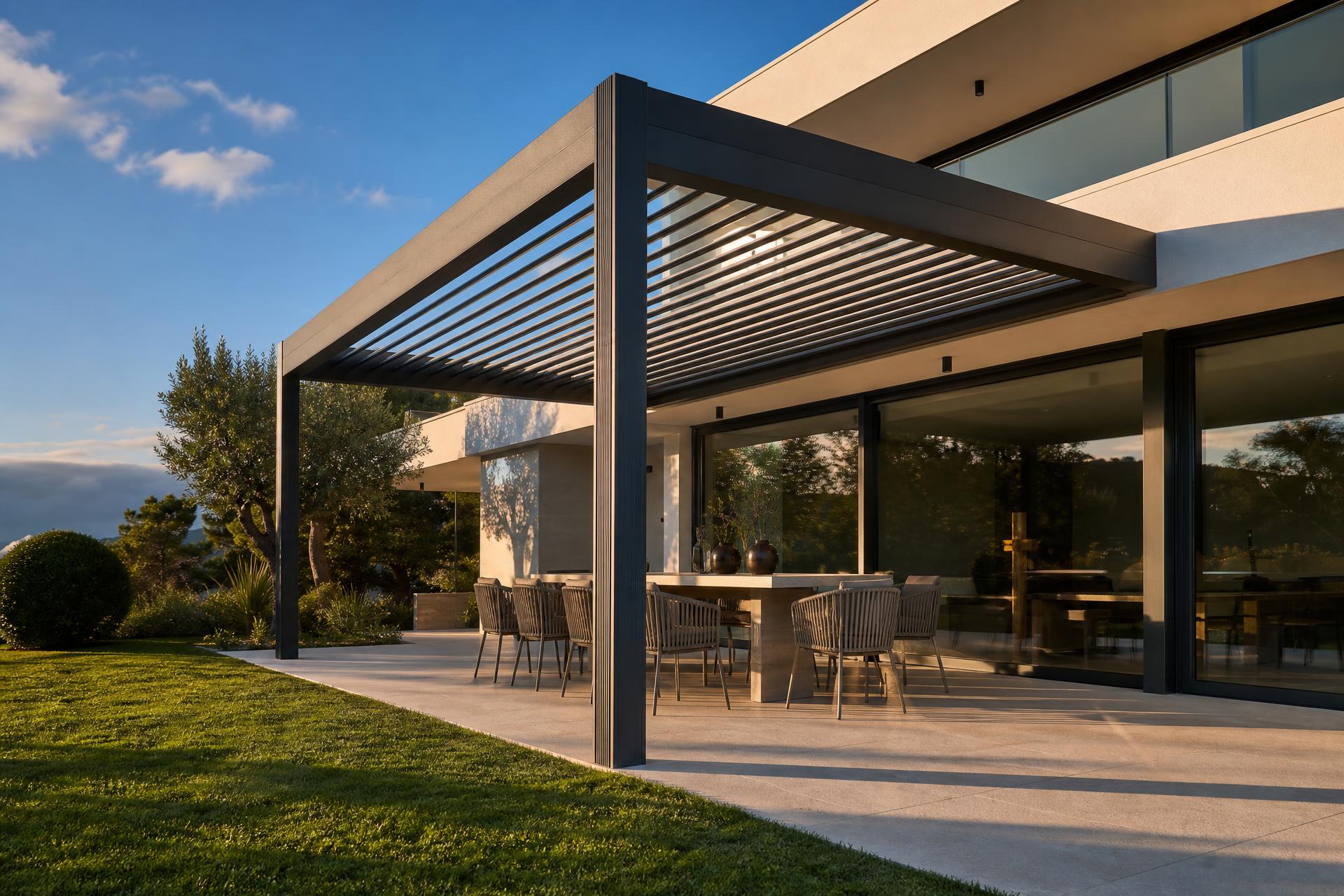 Pergola bioclimatique aluminium anthracite à lames orientables sur une terrasse
