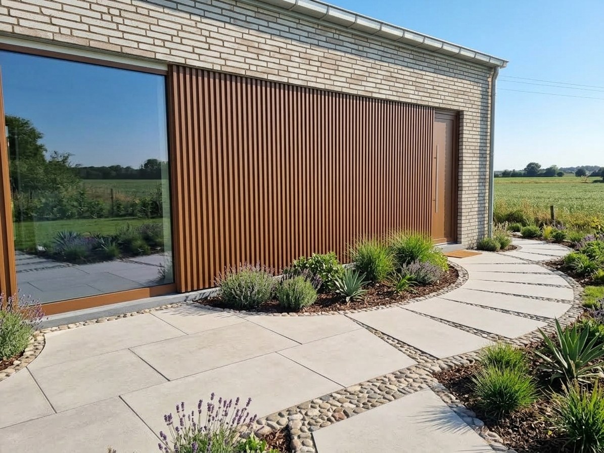 Bardage aluminium ton bois sur une façade en brique claire