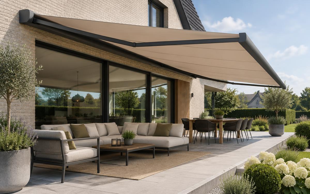 Banne solaire déployée au-dessus d'une terrasse contemporaine