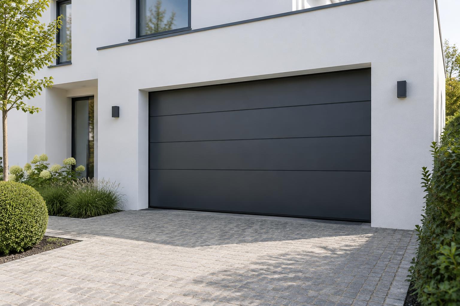 Porte sectionnelle anthracite sur une façade blanche contemporaine