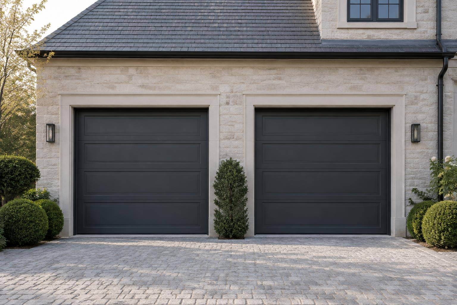 Deux portes de garage anthracite sur une villa en pierre claire