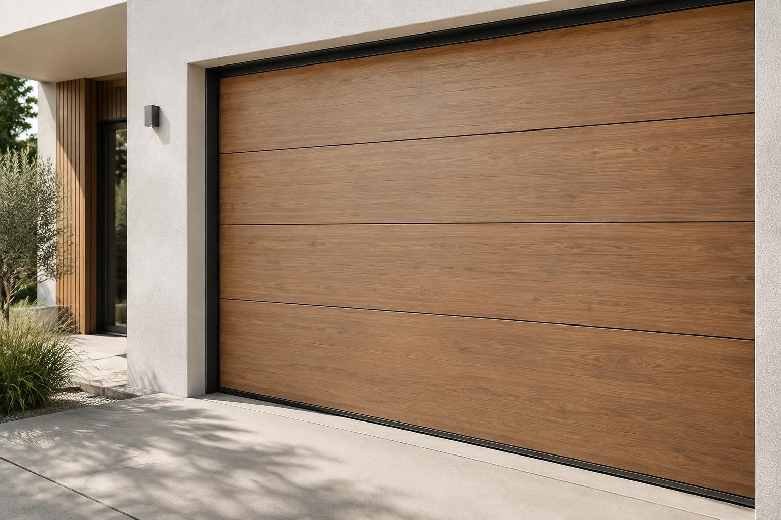 Porte de garage sectionnelle finition chêne sur une façade minimaliste