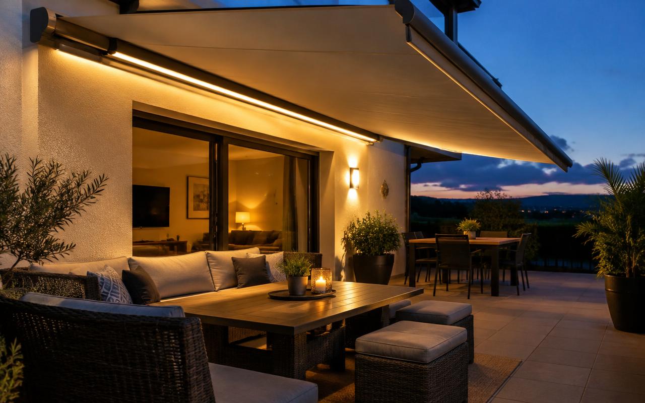 Terrasse en soirée avec éclairage LED sous le coffre de la banne