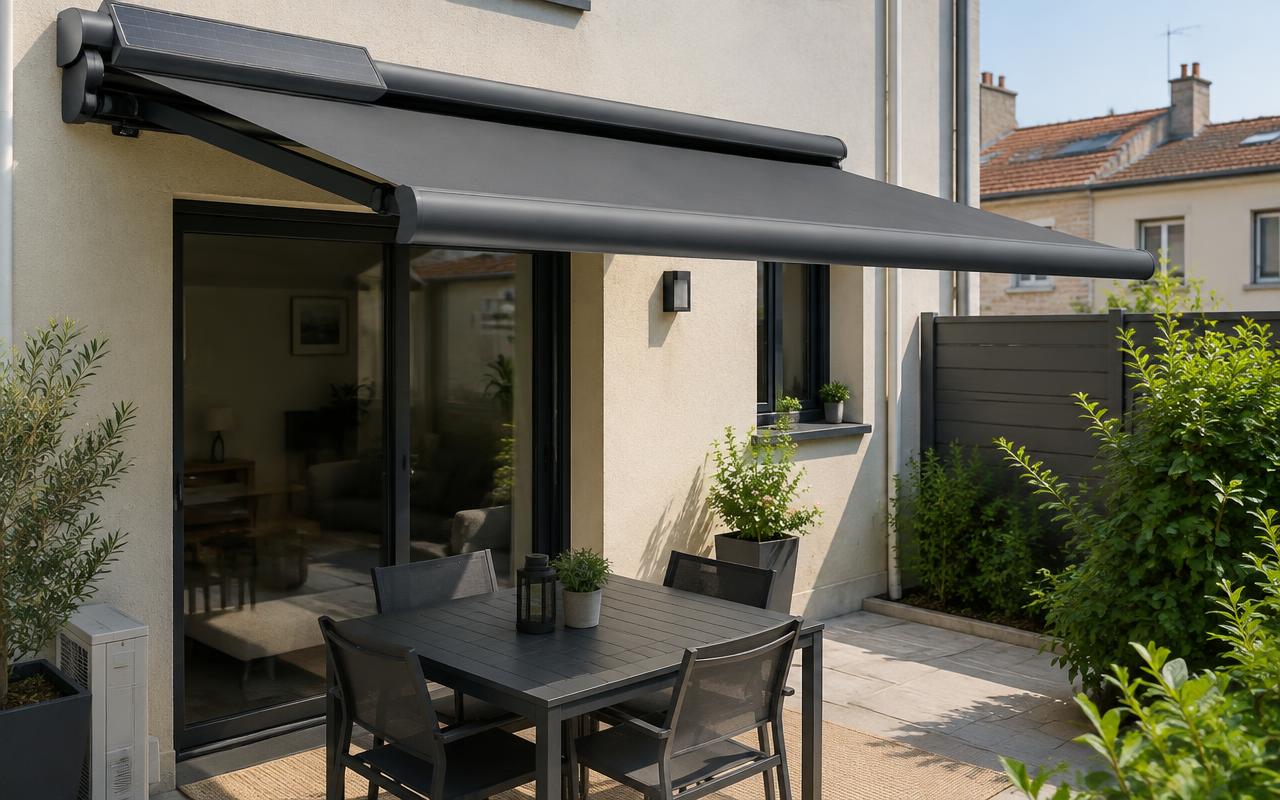 Banne solaire anthracite à demi déployée sur une terrasse de ville