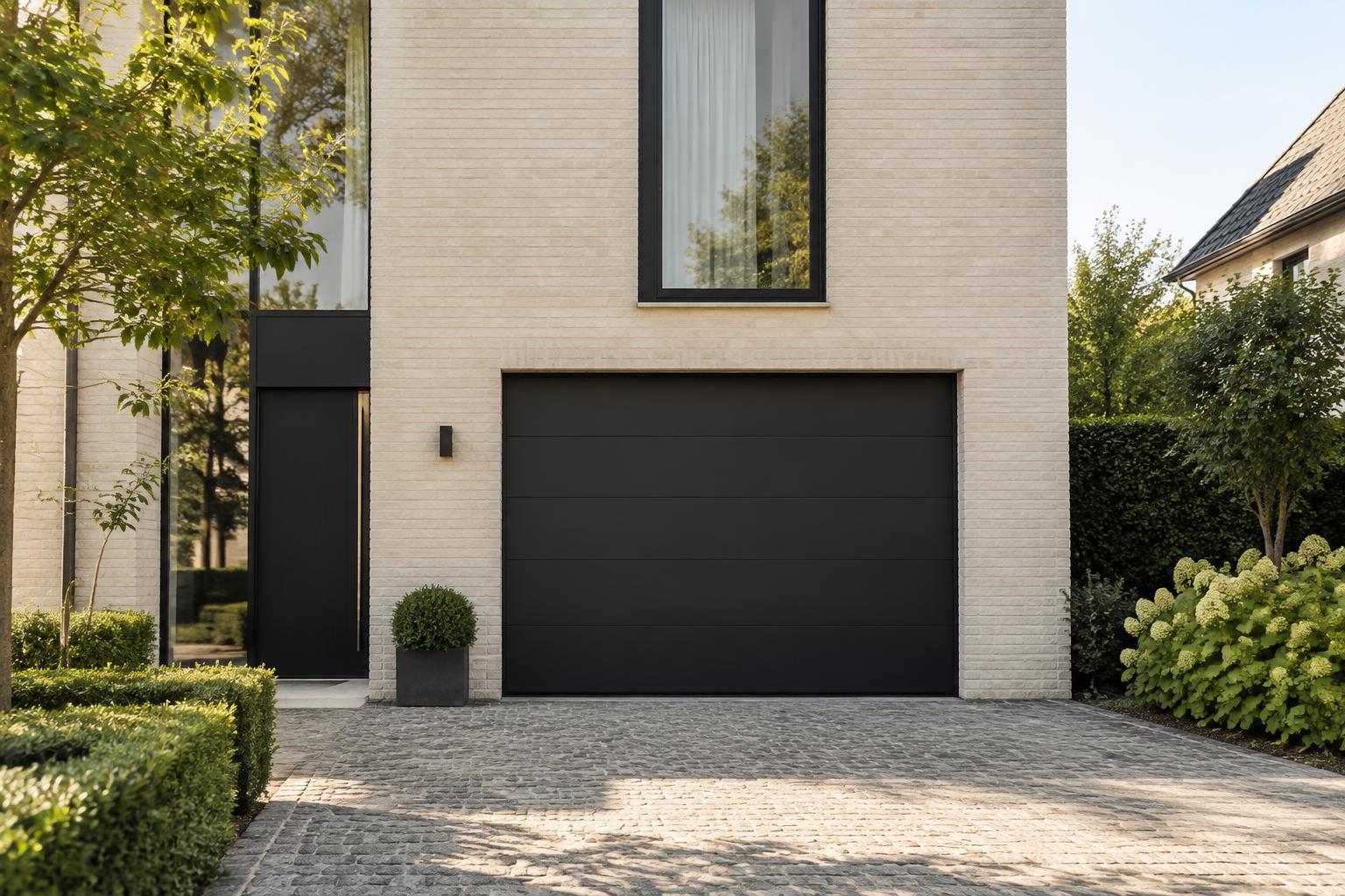 Porte sectionnelle noire intégrée à une maison de ville claire