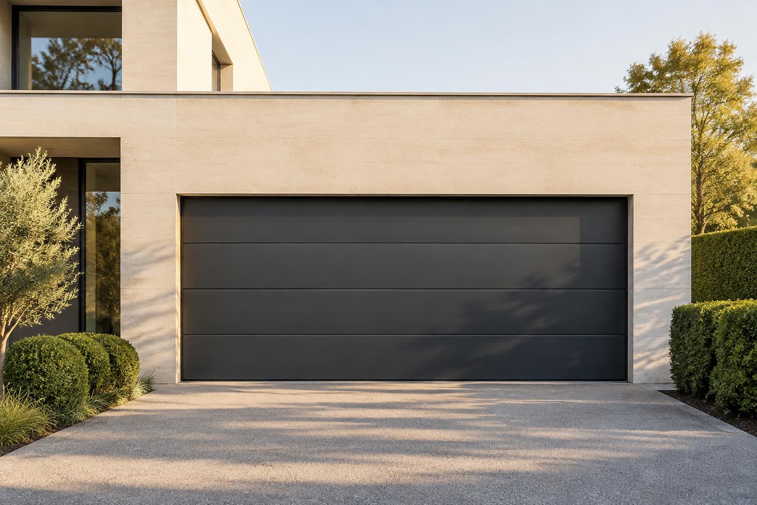 Porte sectionnelle extra-large sur une façade en pierre crème