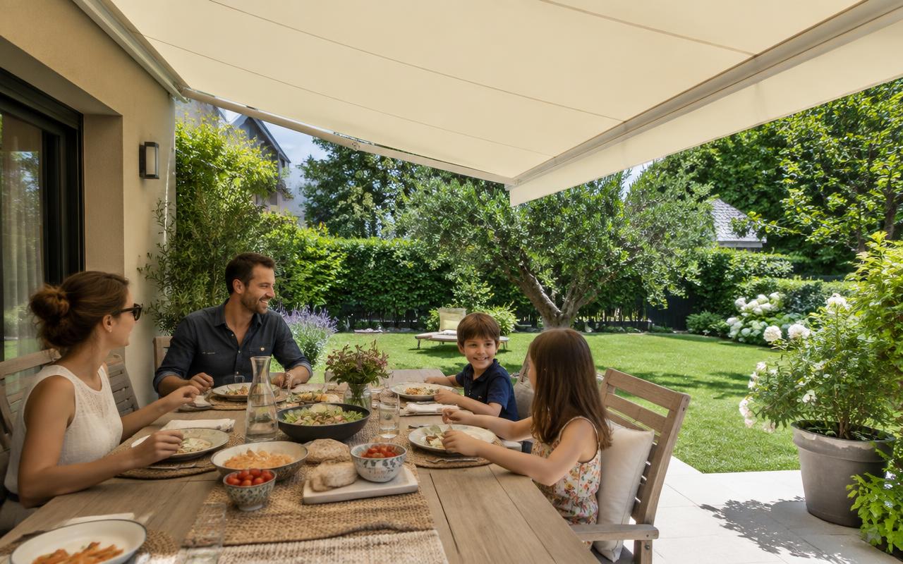 Terrasse familiale ombragée par une grande banne écrue
