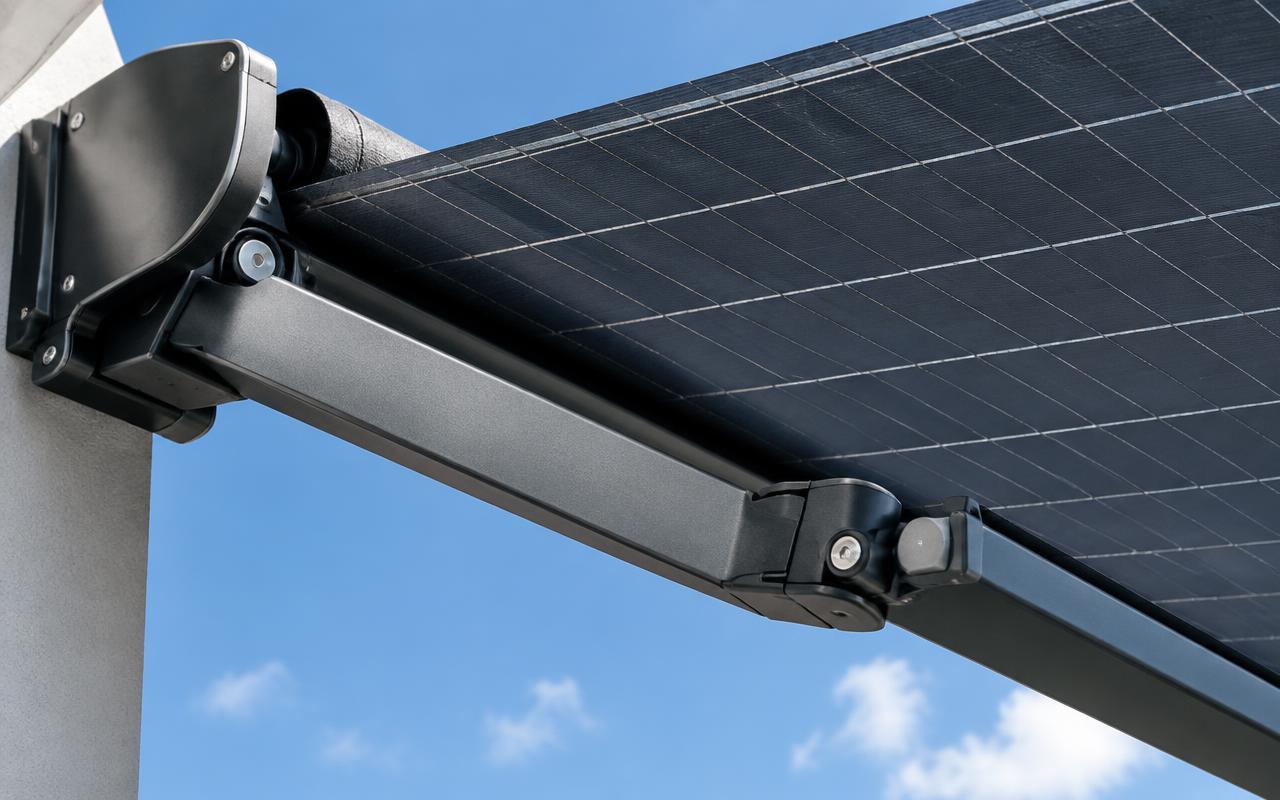 Détail du bras articulé et de la toile tendue d'une banne solaire