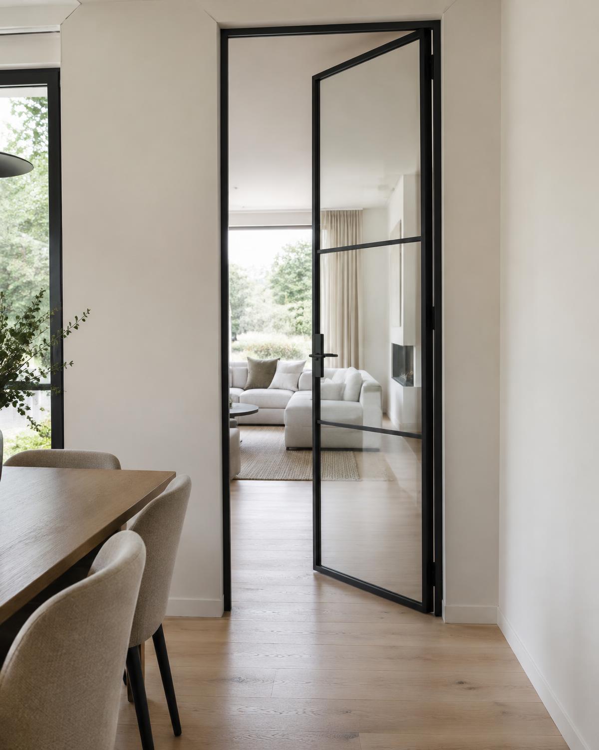 Porte intérieure battante vitrée en aluminium noir entre salle à manger et séjour