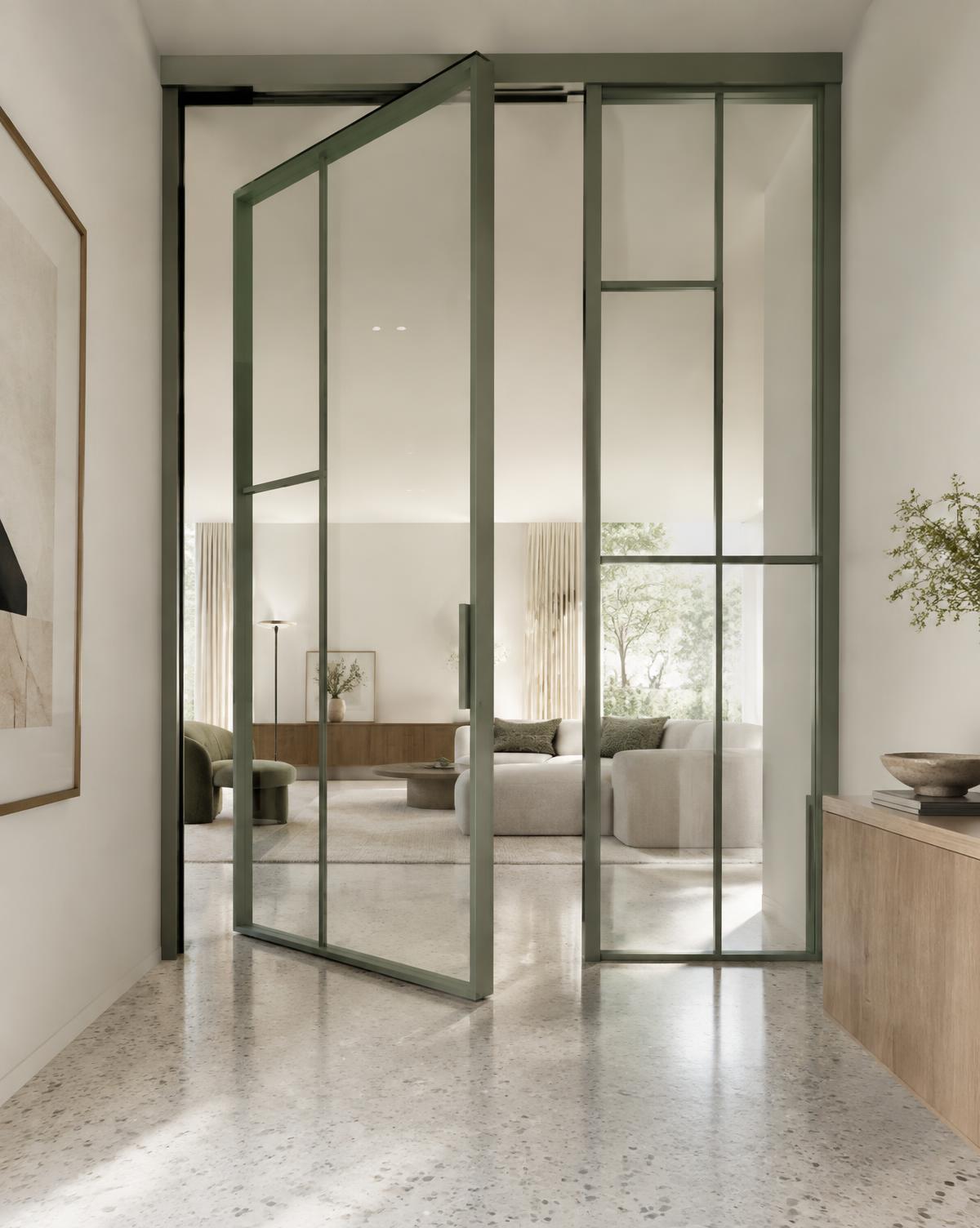 Porte intérieure pivotante et cloison vitrée en aluminium vert sauge