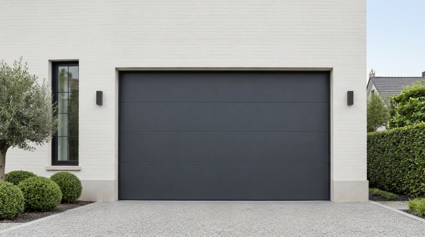 Porte de garage sectionnelle anthracite à panneaux larges sur une façade crème