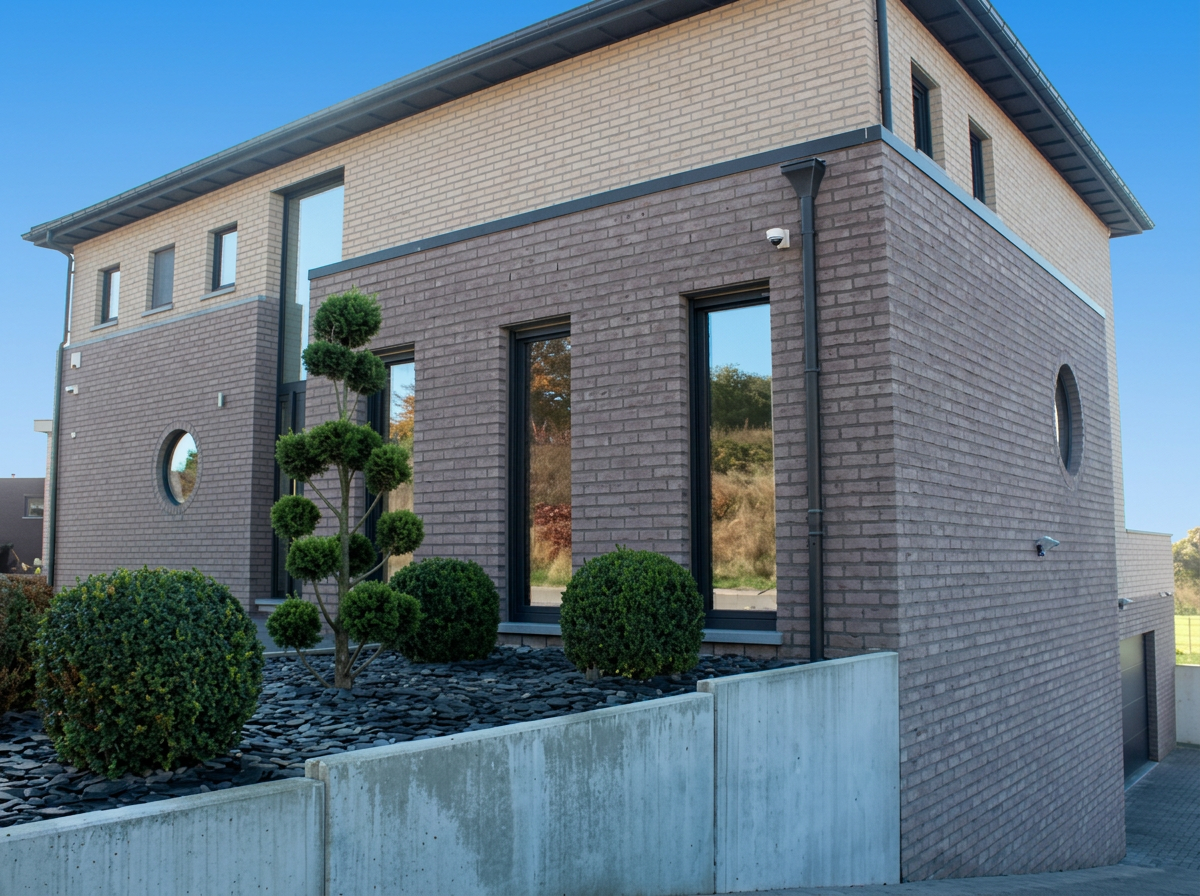 Après travaux — Façade en brique rénovée avec des châssis fins noirs
