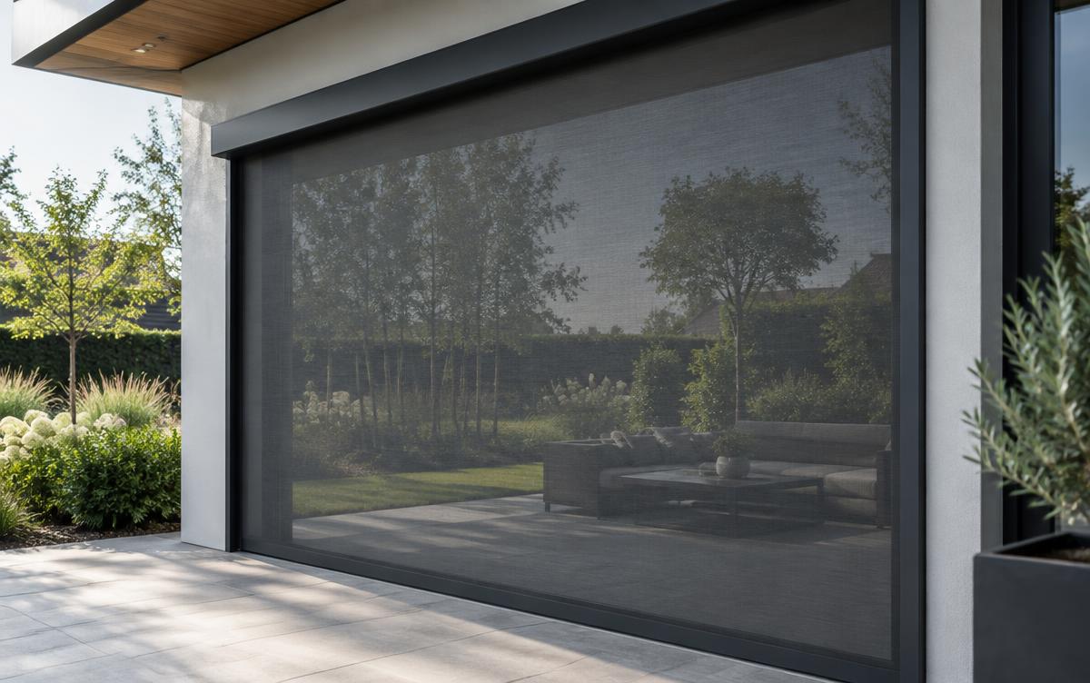 Screen extérieur anthracite devant une grande baie vitrée
