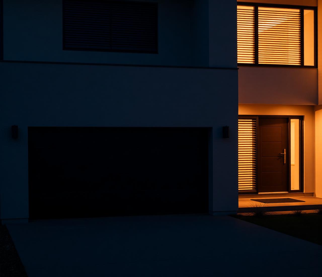 Porte de garage aluminium et volets fermés sur une maison moderne